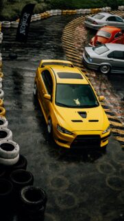 Yellow Mitsubishi Lancer Evolution Custom Car Rainy Day Wallpaper