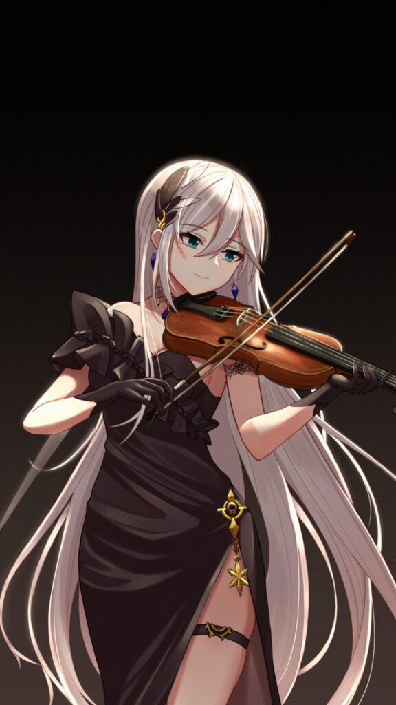 Elegant Anime Girl Playing Violin in Black Dress High Quality Wallpaper