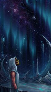 Mysterious Cloaked Figure Under Cosmic Aurora Nebula Mobile Wallpaper