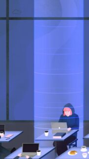 Minimalist Pink Haired Hacker Working in Blue Neon Light Wallpaper