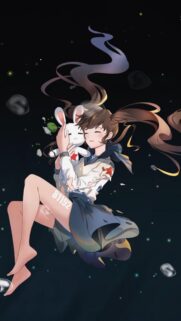 Anime Girl Floating in Space with Bunny Plush Wallpaper High Quality