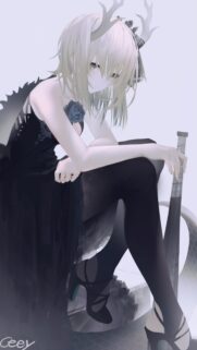 Anime Girl with Antlers and Black Rose Dress High Quality Mobile Wallpaper