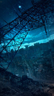 Lonely Anime Girl Sitting on Electric Tower at Night Mobile Wallpaper