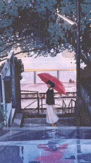Aesthetic Anime Girl with Red Umbrella in Rain Wallpaper for Mobile