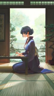 Anime Girl Practicing Calligraphy in Zen Garden Room Wallpaper 4K