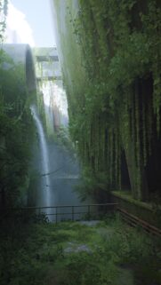 Post Apocalyptic Abandoned Industrial Ruins With Waterfall Wallpaper