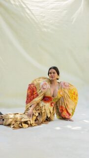Elegant Esha Gupta in Golden Floral Couture Gown Mobile Wallpaper