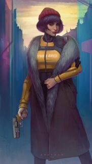 Cyberpunk Girl with Gun and Fur Coat Stylish Futuristic Wallpaper