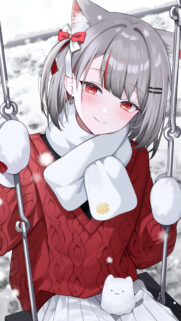 Cute Anime Cat Girl in Winter Sweater Mobile Wallpaper
