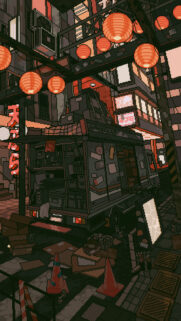 Aesthetic Pixel Art Urban Night Street with Glowing Red Lanterns Wallpaper