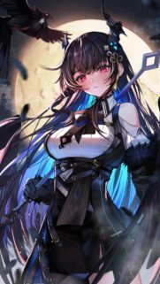 Anime Girl with Red Eyes and Raven under Full Moon Mobile Wallpaper