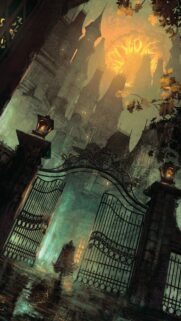 Dark Gothic Fantasy Castle with Mysterious Cloaked Figure Mobile Wallpaper