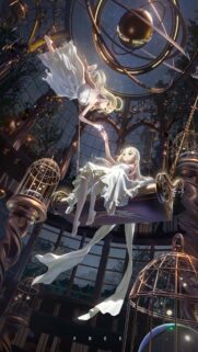 Ethereal Anime Girls Reaching Out in Celestial Birdcage Wallpaper