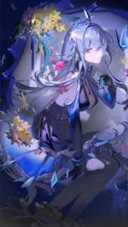 Beautiful Anime Girl with Silver Hair and Blue Flowers Wallpaper for Mobile