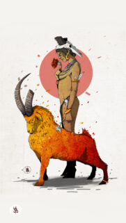 Tribal Shaman and Golden Goat Surreal Illustration Mobile Wallpaper
