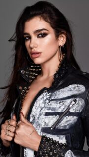 Stunning Dua Lipa Portrait in Edgy Studded Leather Jacket Wallpaper for Mobile