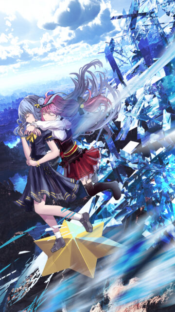 Beautiful Anime Girls Hugging on a Star Crystal Aesthetic Phone Wallpaper