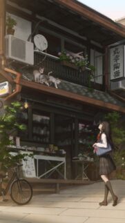 Anime Schoolgirl Watching Cats on Traditional Japanese Shopfront Wallpaper