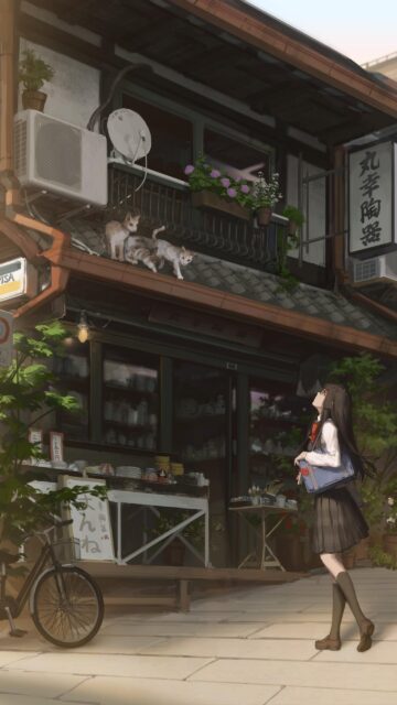 Anime Schoolgirl Watching Cats on Traditional Japanese Shopfront Wallpaper