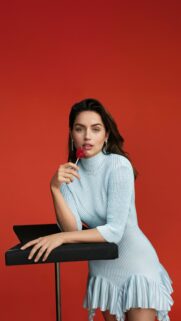 Ana de Armas Portrait in Blue Dress with Heart Lollipop Wallpaper for Mobile