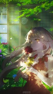 Anime Girl Holding a Red Rose in a Sunlit Garden Wallpaper