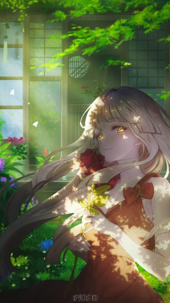 Anime Girl Holding a Red Rose in a Sunlit Garden Wallpaper