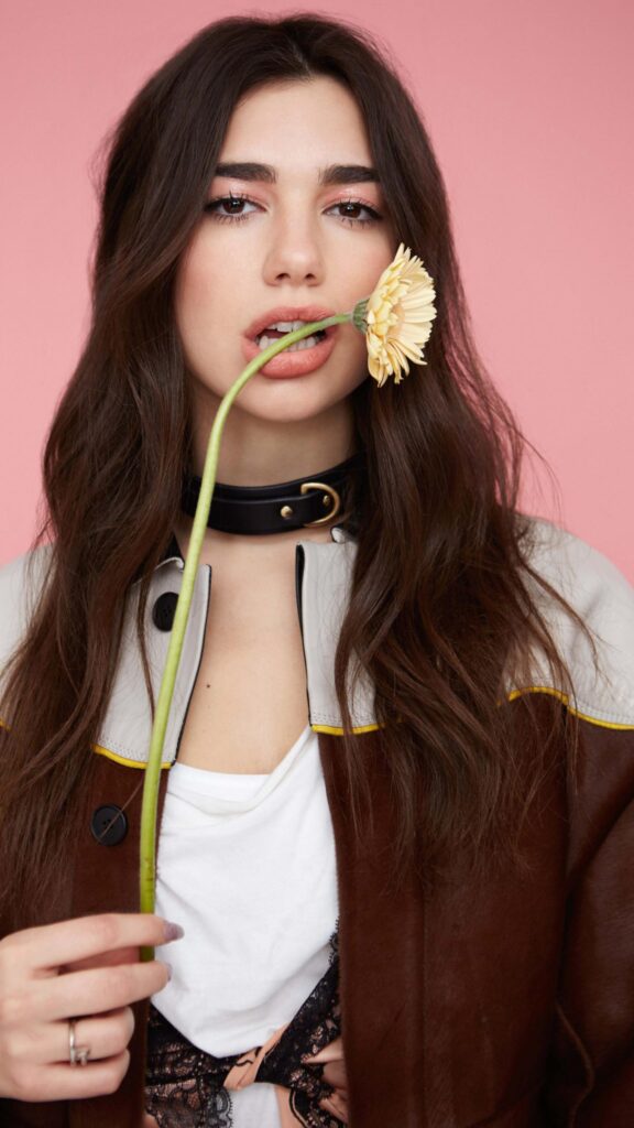 Dua Lipa Portrait with Yellow Flower Aesthetic Mobile Wallpaper
