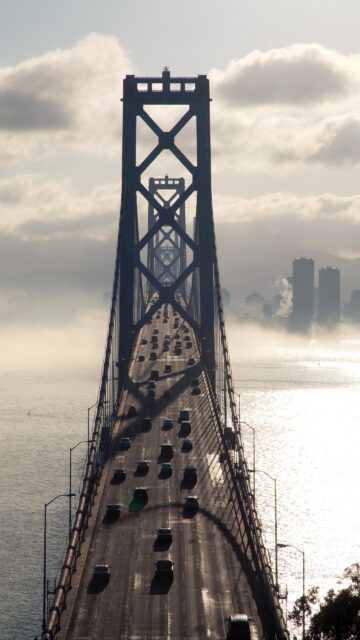 Stunning San Francisco Bay Bridge Suspension View Wallpaper in Foggy Morning Light