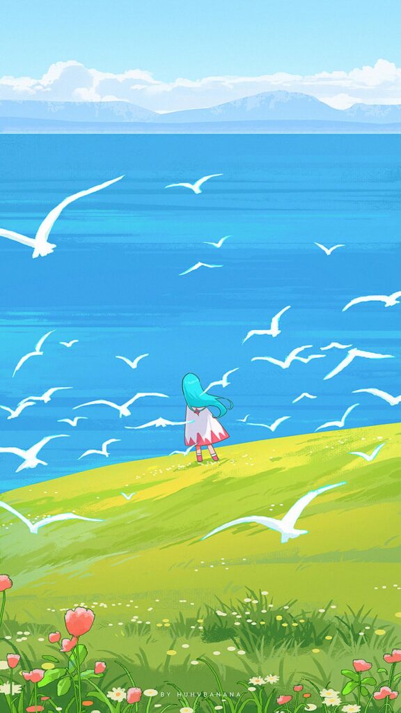 Anime Girl Standing on a Grassy Hill Overlooking the Ocean with Seagulls Wallpaper
