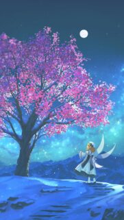 Anime Fairy Under a Blooming Cherry Blossom Tree Night Sky Wallpaper