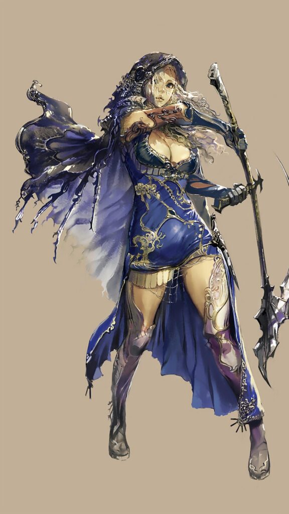 Stunning Fantasy Warrior Woman with Scythe and Blue Gown High Resolution Mobile Wallpaper