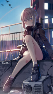 Anime Girl Sitting on Rooftop at Sunset High Quality Mobile Wallpaper