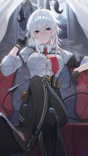 Anime Demon Girl in Military Uniform Sitting on Chair Wallpaper