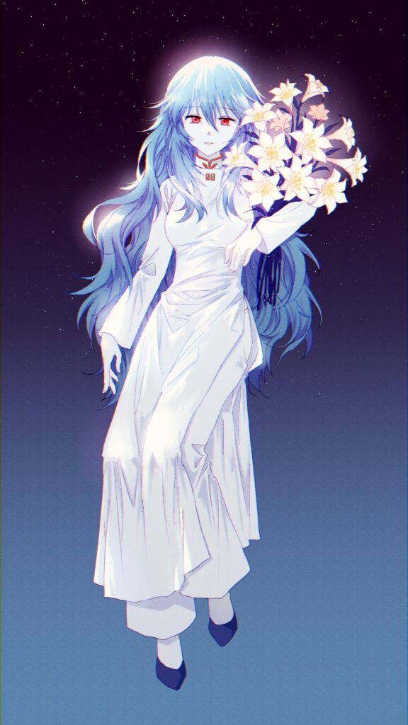 Rei Ayanami Anime Girl with White Lilies Aesthetic Mobile Wallpaper