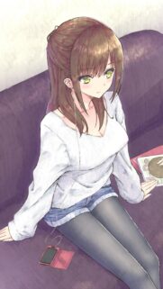 Beautiful Anime Girl Listening to Music on a Purple Sofa Aesthetic Wallpaper