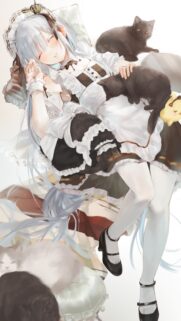 Cute Anime Maid Resting with Kittens High Quality Mobile Wallpaper