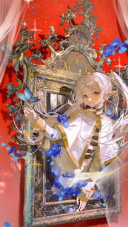 Frieren Beyond Journey’s End Anime Wallpaper with Blue Flowers and Vintage Mirror