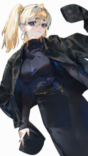 Anime Girl with Blonde Ponytail in Black Leather Jacket Aesthetic Wallpaper