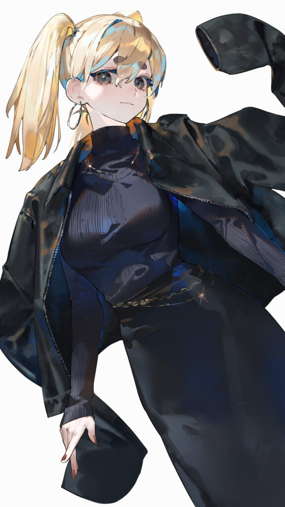 Anime Girl with Blonde Ponytail in Black Leather Jacket Aesthetic Wallpaper