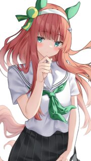 Anime Girl with Red Hair and Green Bow Wallpaper for Mobile