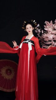 Stunning Chinese Traditional Hanfu Woman with Sakura Flowers Wallpaper