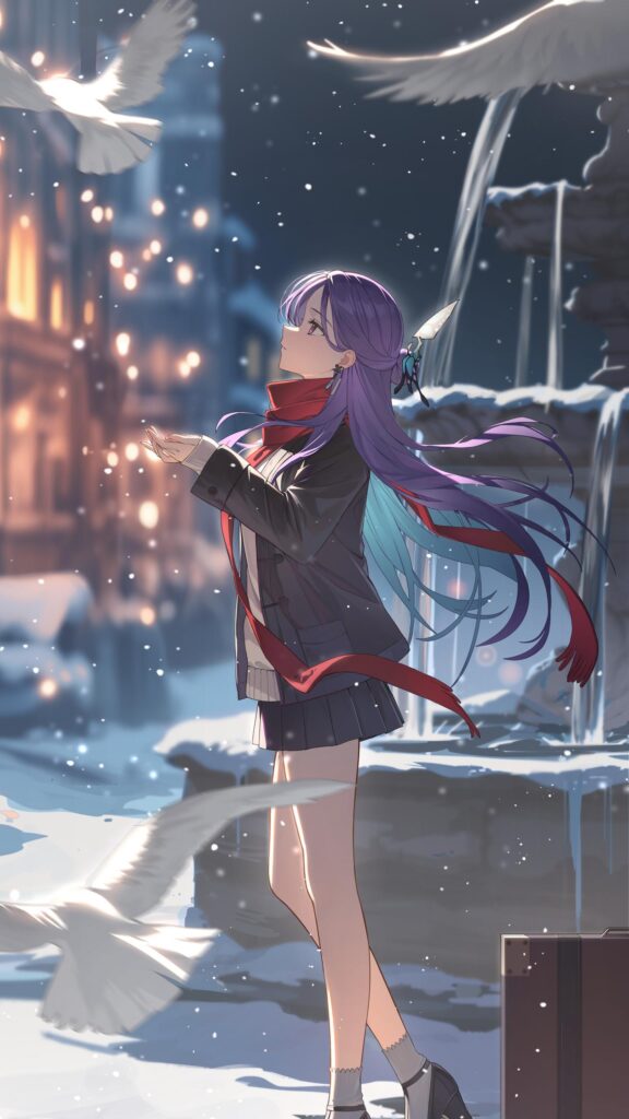 Anime Girl in Winter City with Doves High Quality Phone Wallpaper