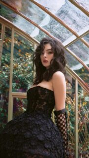 Elegant Woman in Black Lace Gown Greenhouse Portrait 4K Wallpaper