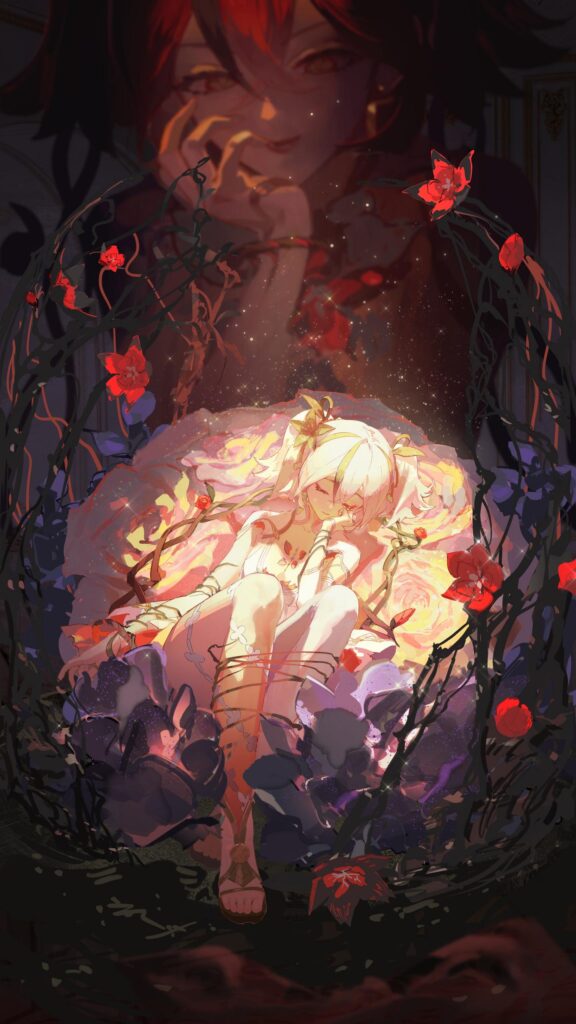 Anime Girl Trapped in Rose Thorns Fantasy Art Mobile Wallpaper