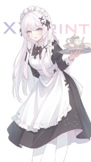 Beautiful Anime Maid with Silver Hair Serving Tea Wallpaper for Mobile