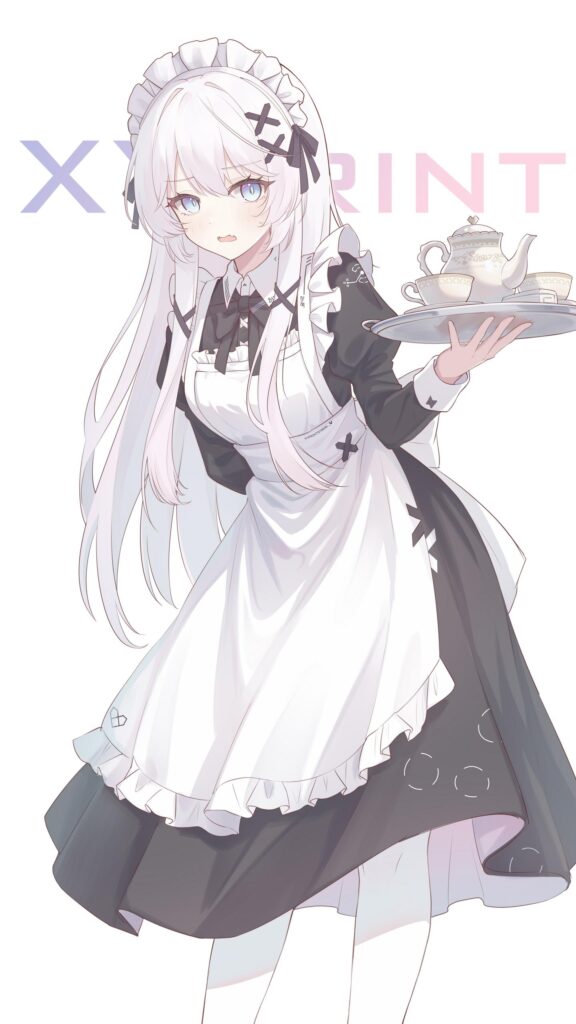 Beautiful Anime Maid with Silver Hair Serving Tea Wallpaper for Mobile