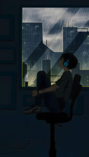 Anime Boy Listening to Music by Rainy Window Aesthetic Wallpaper