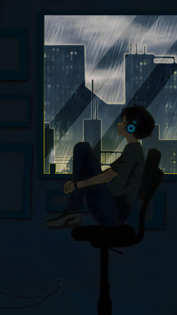 Anime Boy Listening to Music by Rainy Window Aesthetic Wallpaper