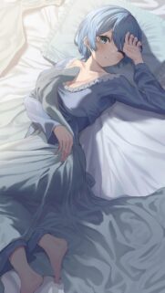 Rem from Re Zero Anime Girl Sleeping in Bed High Quality Phone Wallpaper