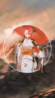 Anime Girl in Traditional Kimono with Red Umbrella Wallpaper for Mobile